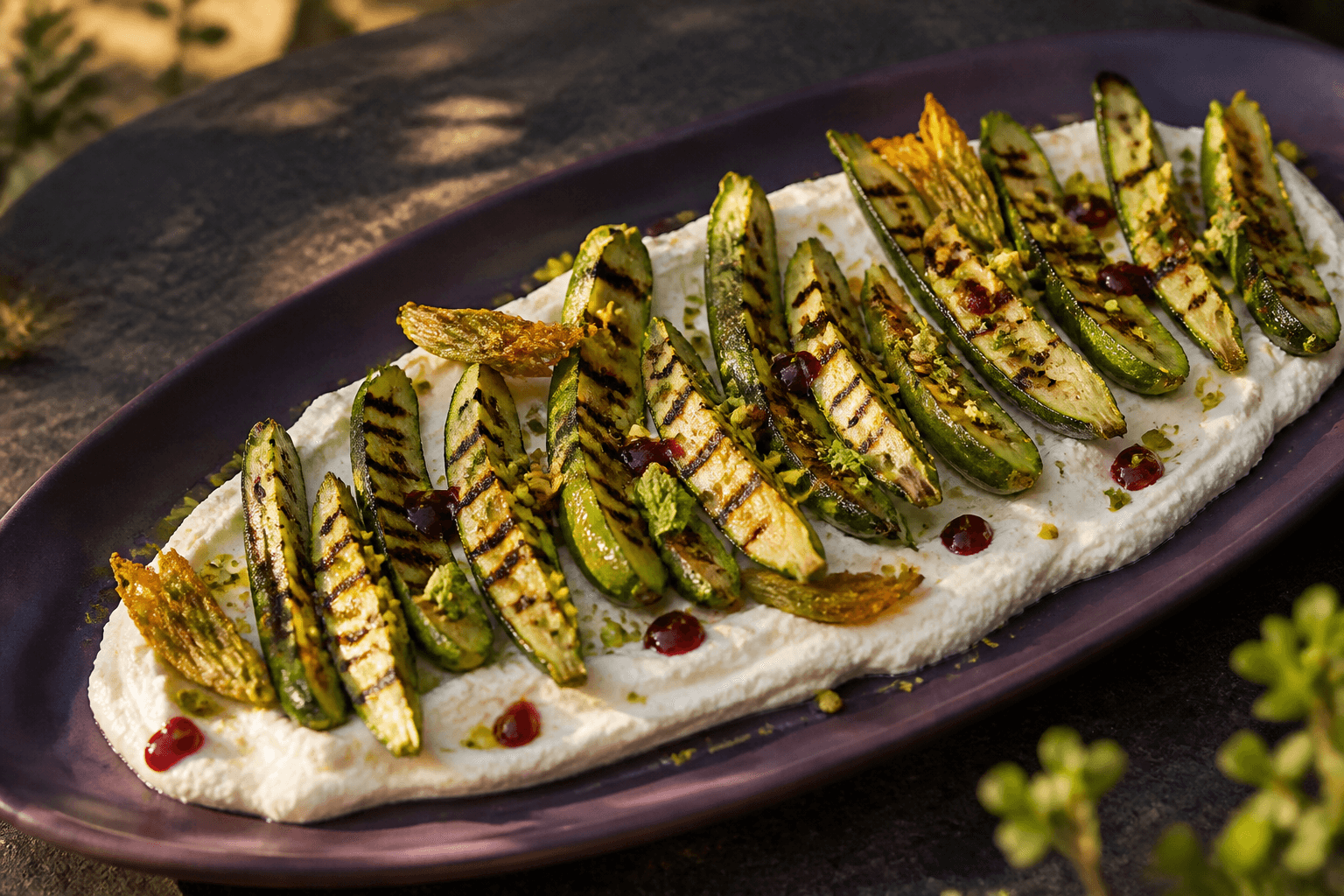 Grillede halve babysquash med mørke striber over røget ricottacreme, pistacie-citron-mynte, kirsebærdråber og sprøde squashblomster på auberginefad