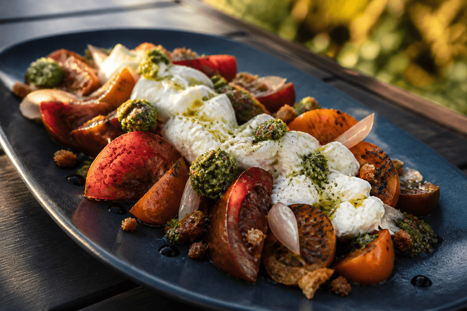 Blandede røde, ravgule og stribede heirloomtomater, nogle blistrede, med revet burrata, pistacie-estragonpesto, syltet skalotteløg og rugkrumme på mørkeblåt fad