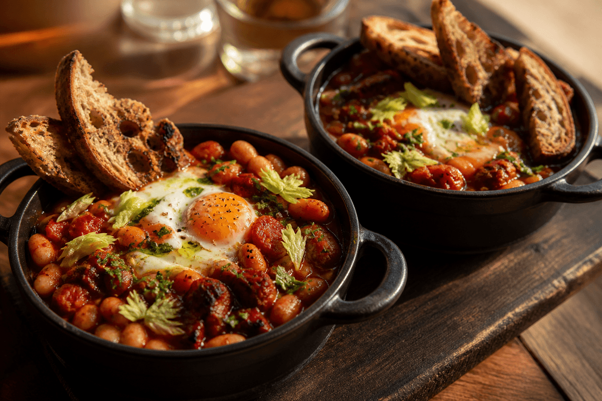 To sorte minigryder med hvide bønner, chorizo og rød peber i mørk sherry-tomatsauce, bagt æg, selleriblade og sprøde rugbrødssoldater