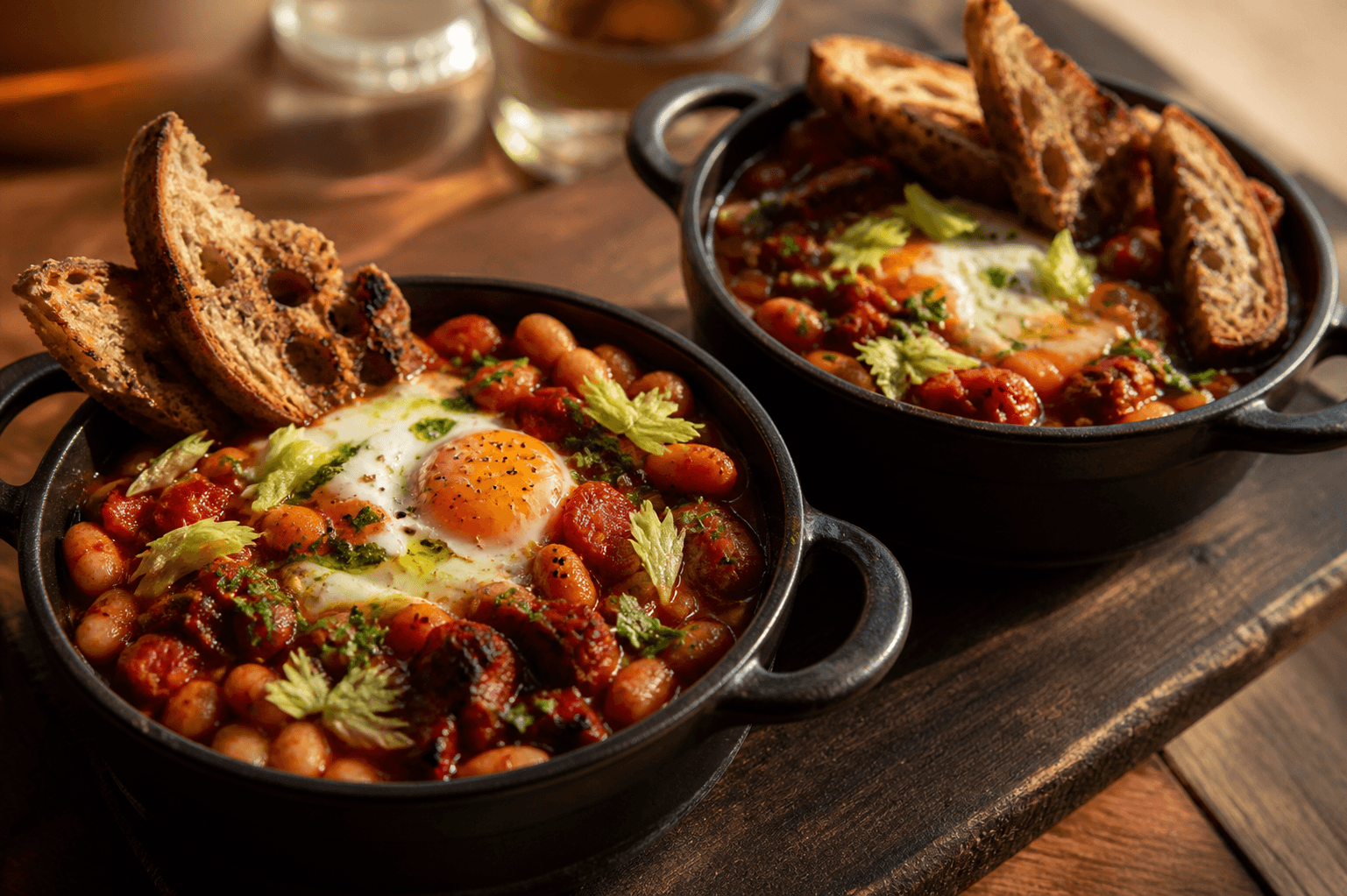 To sorte minigryder med hvide bønner, chorizo og rød peber i mørk sherry-tomatsauce, bagt æg, selleriblade og sprøde rugbrødssoldater