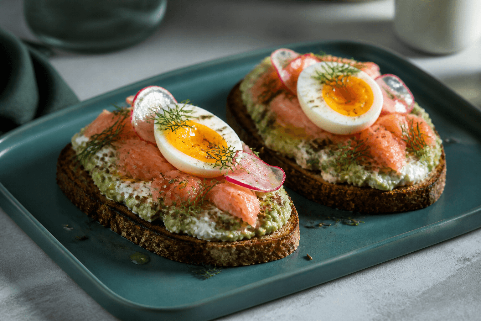 To tykke grillede skiver mørkt rug-surdejsbrød med grov avocado, peberrodsskyr, flager af varmrøget laks, seksminutters æg, syltet radise og dild