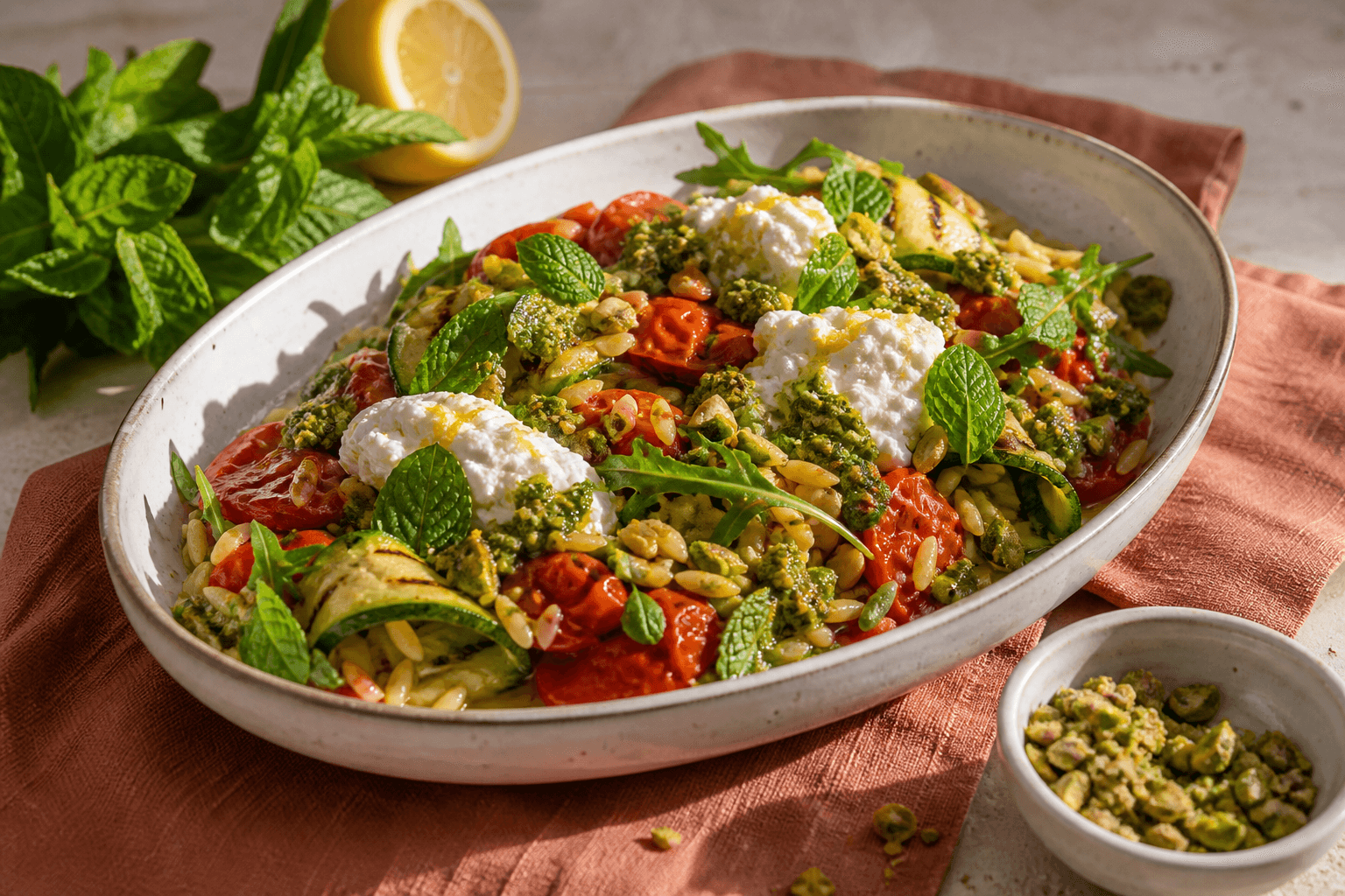 Oval keramikservering med lun orzo, bagte tomater, grillet squash, citronricotta, pistaciepesto, mynte og rucola