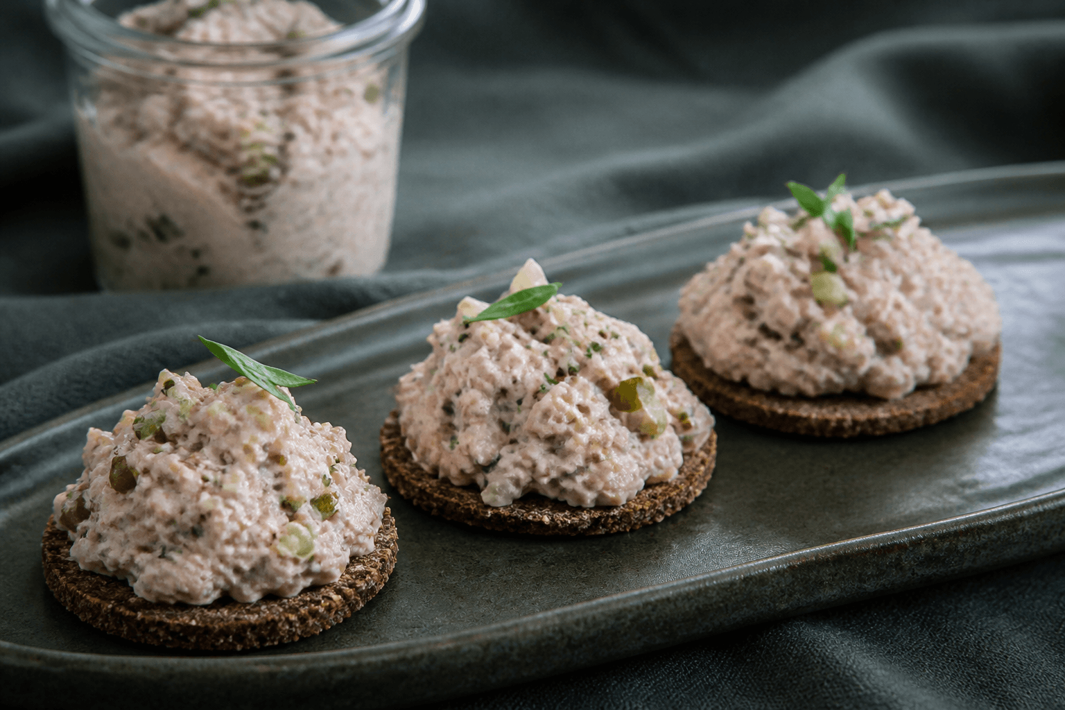 Tre rugkiks med grov rosa senneps-skinkesalat, sprøde selleritern, cornichoner og estragon på mørkegrønt fad