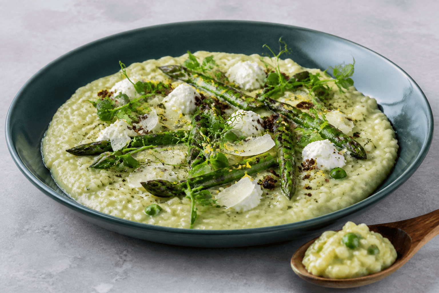 Petrolgrøn skål med cremet grøn aspargesrisotto, grillede asparges, citronmascarpone, mørk rugcrunch, ærteskud og parmesan