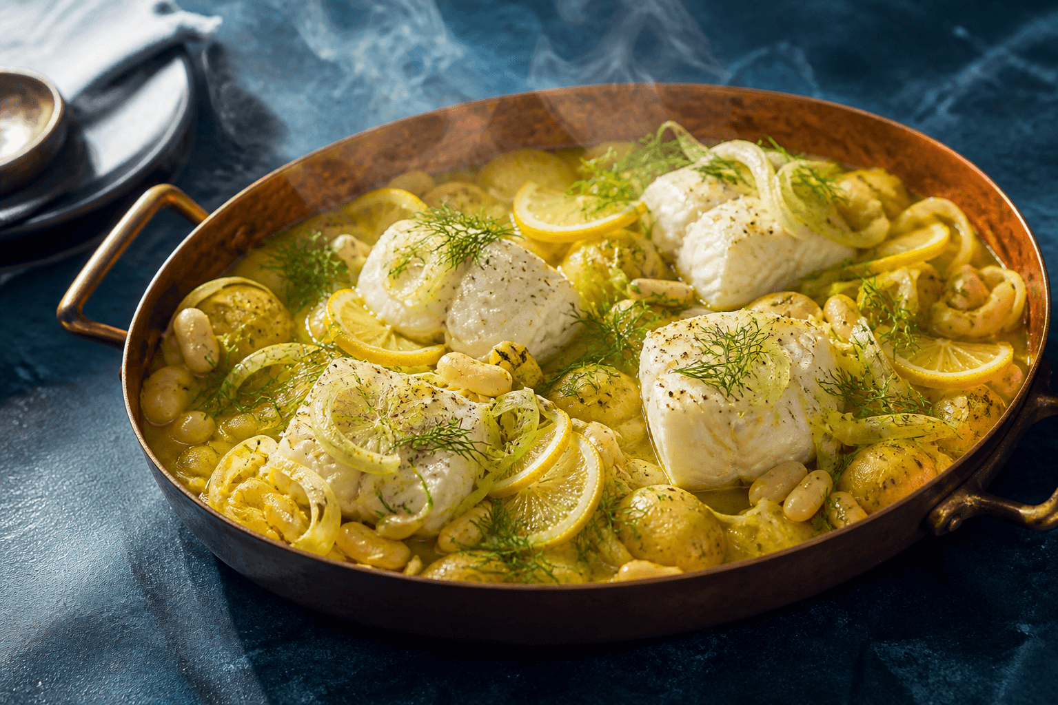 Kobberfarvet ovnform med fire hvide torskestykker, små kartofler, hvide bønner og porre i gylden safranbouillon med fennikel, dild og citron