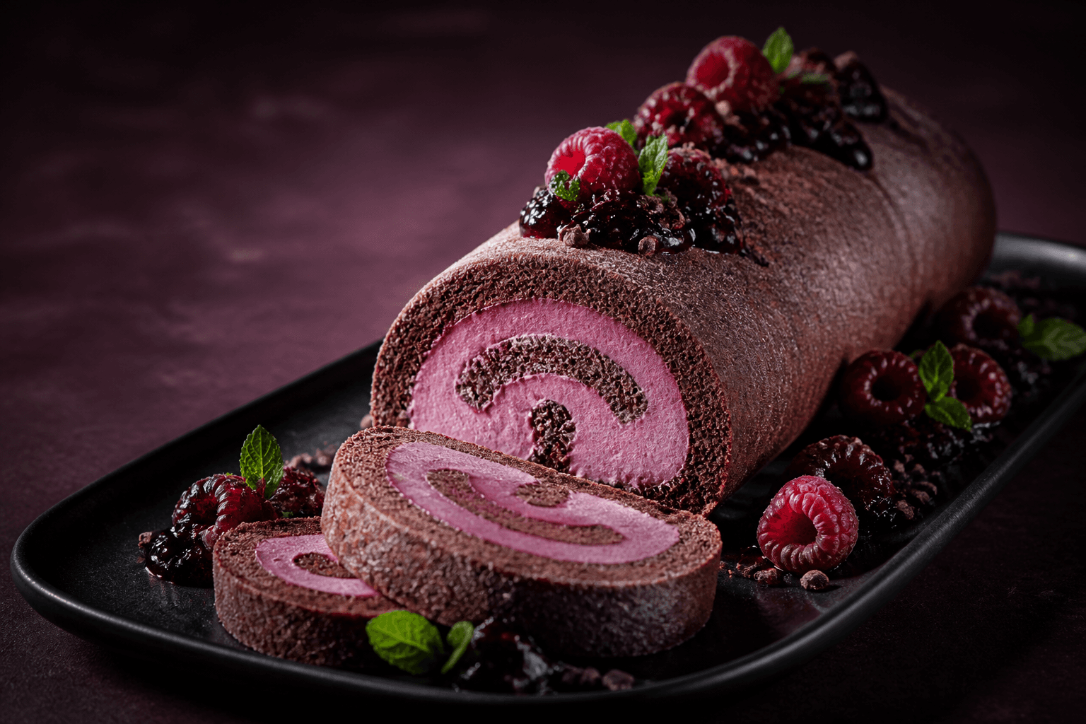 Mørk kakaoroulade med tydelig rosa hindbæris-spiral, skiver, solbærkompot, hindbær, kakaonibs og mynte på sort fad