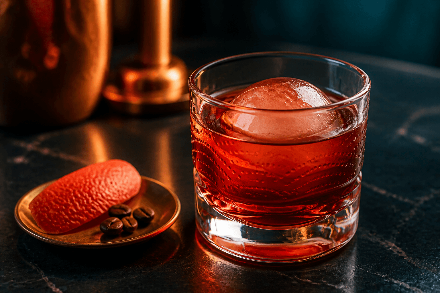 Facetslebet rocks-glas med rubin-orange grapefrugt-kaffe-Negroni, stor kugleis, brændt grapefrugtskal og kaffebønner