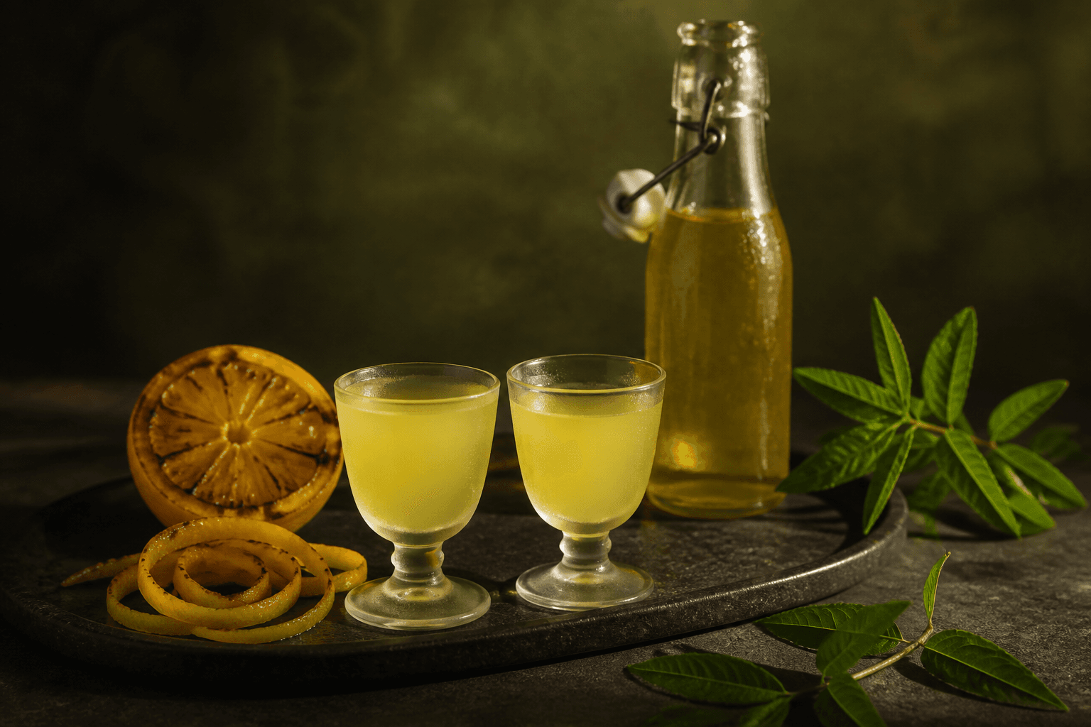 To frostede glas med uklar solgul citronverbena-limoncello, flaske, grillet citron og lange citronskaller på mørk stenbakke
