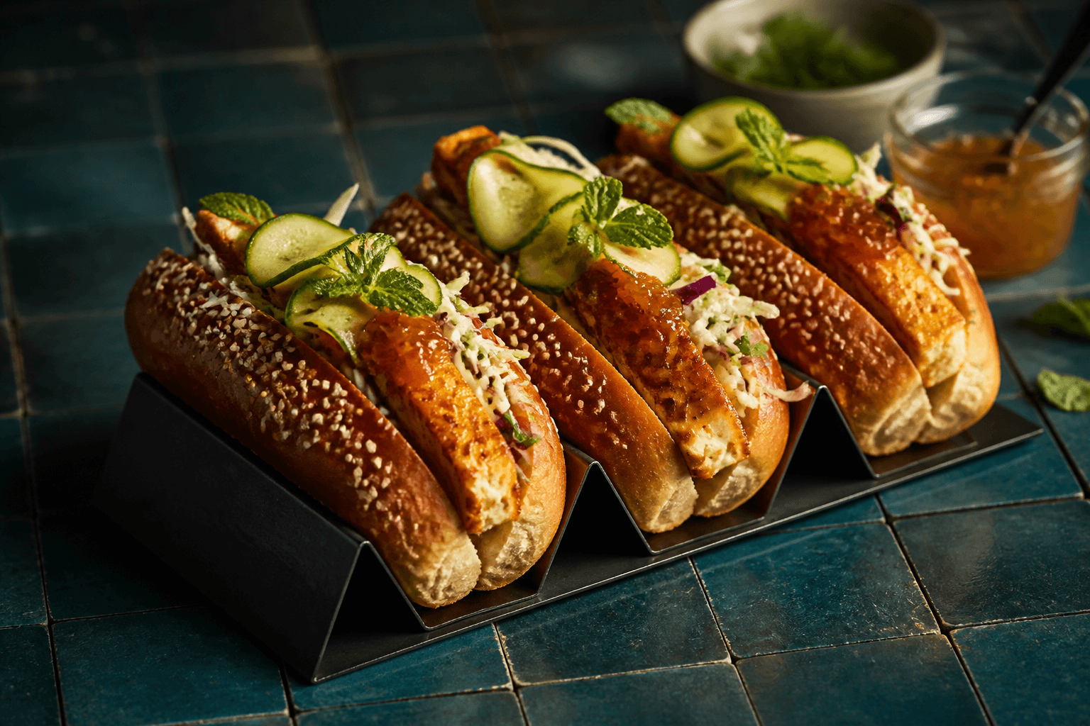 Tre sesambrioche-hotdogs i mørk metalholder med harissa-halloumi, fennikelslaw, abrikoschutney, agurkebånd og mynte