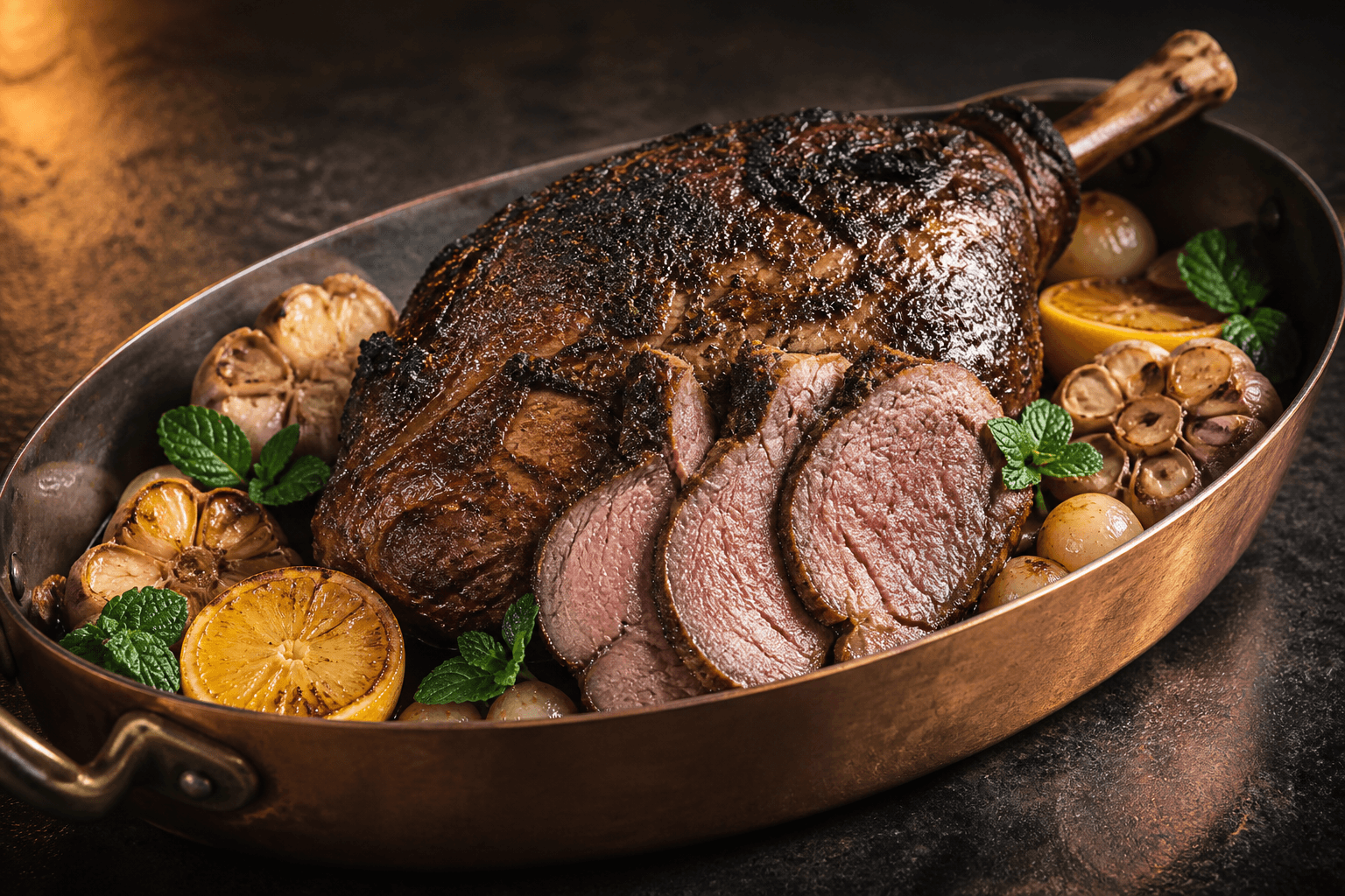 Hel mørkt brunet lammekølle i kobberbradepande med rosa skiver, konfiterede hvidløg, grillede citroner, perleløg og myntejus
