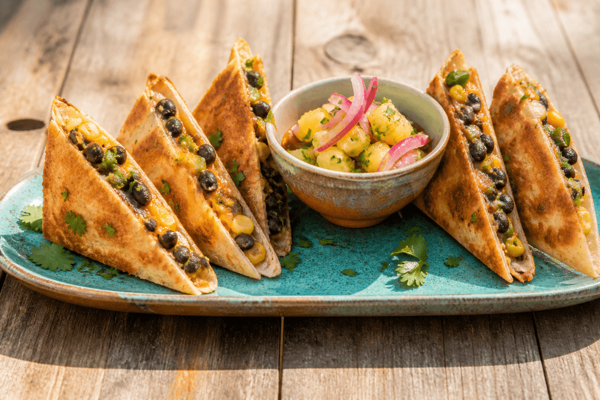 Seks gyldne trekantede majsquesadillas med sorte bønner, majs, røget cheddar og grøn peber omkring ananas-lime-salsa
