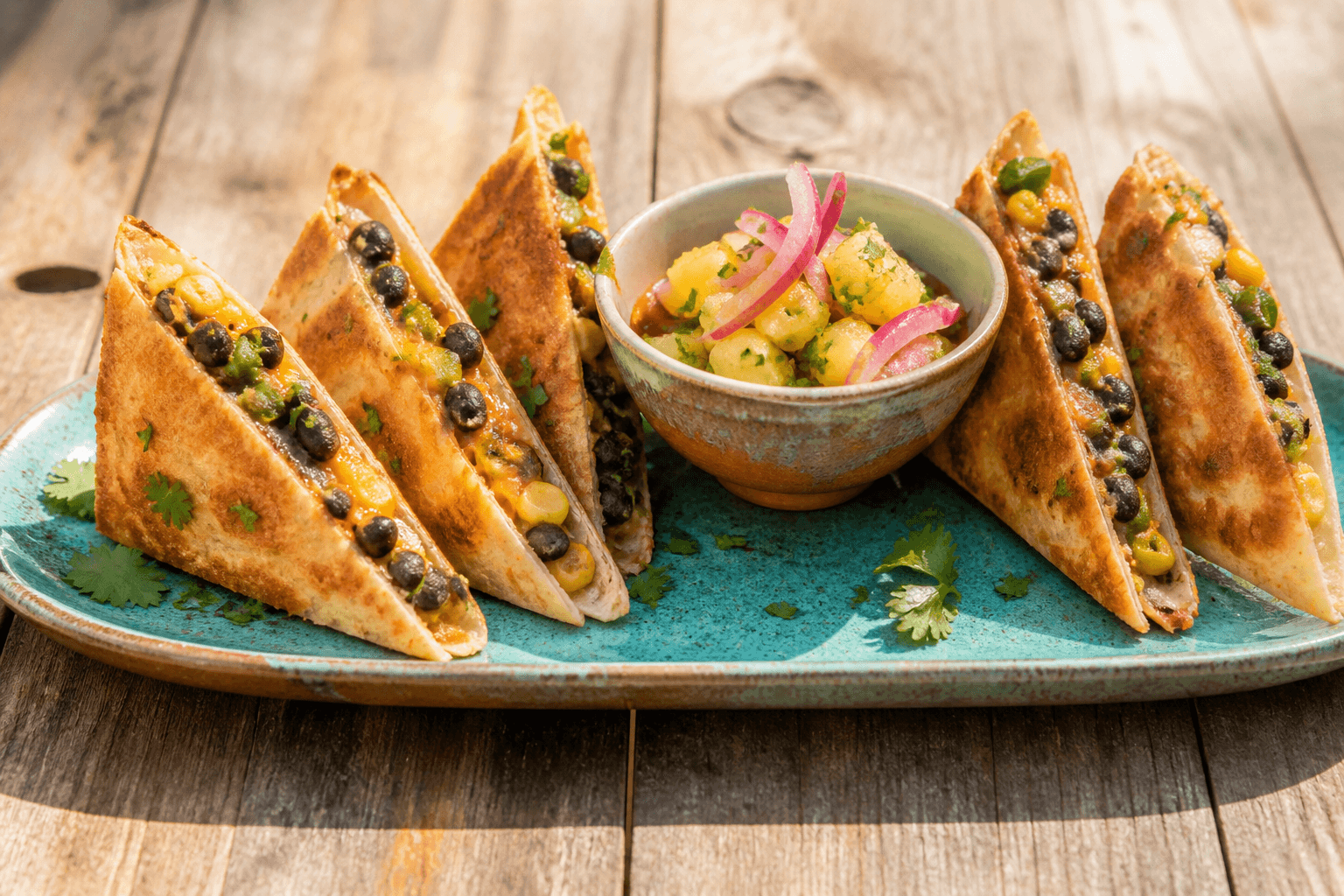 Seks gyldne trekantede majsquesadillas med sorte bønner, majs, røget cheddar og grøn peber omkring ananas-lime-salsa