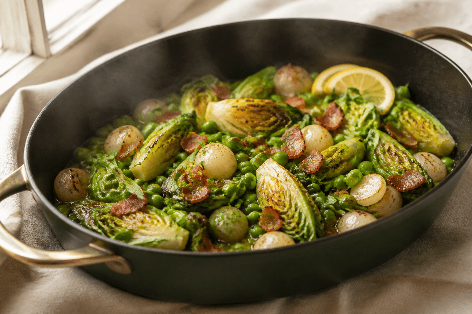 Mørkegrøn kobbergryde med blanke ærter, karamelliserede perleløg, kvarte hjertesalater, estragon, citron og valgfri sprød bacon