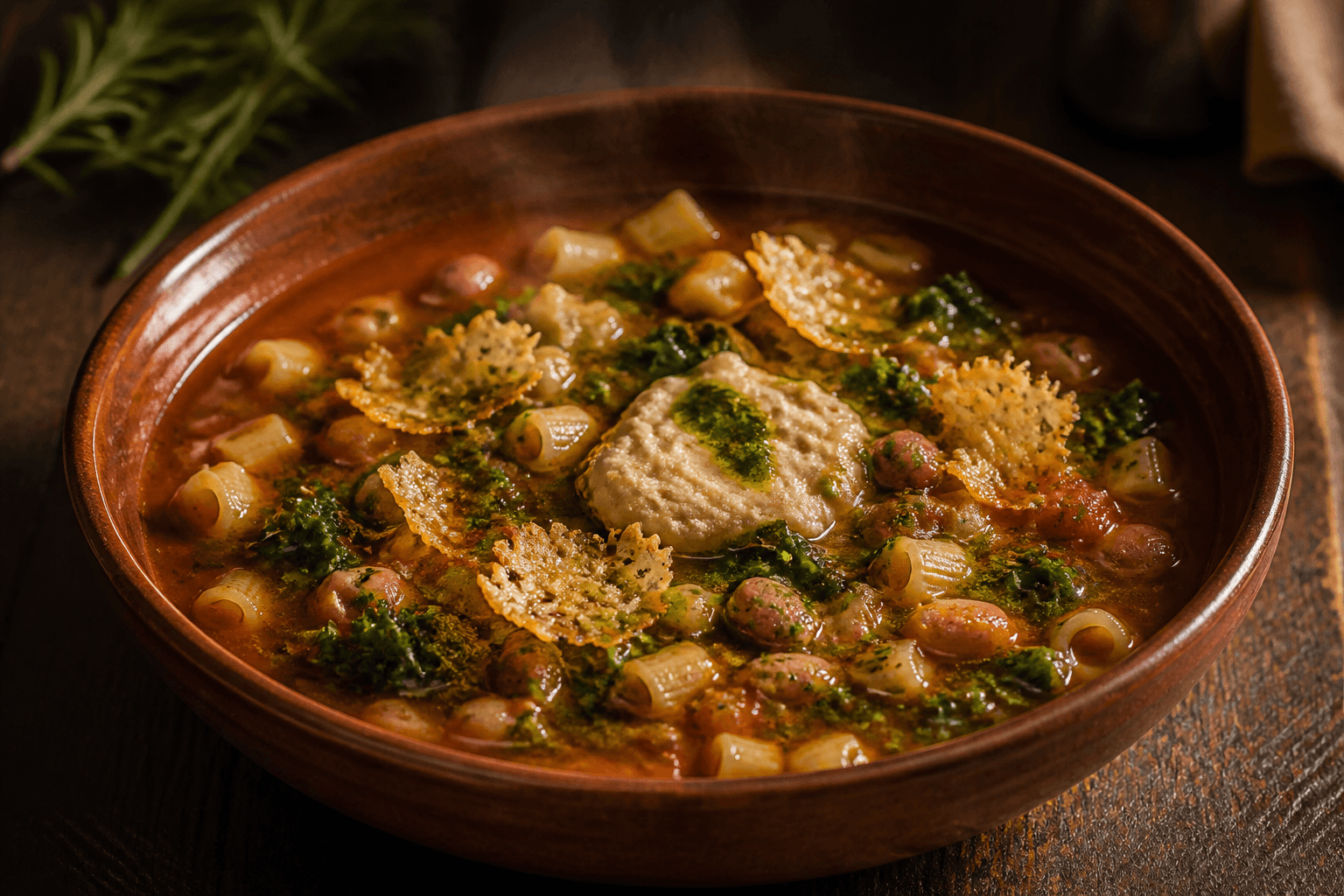 Rustfarvet skål med tæt pasta e fagioli, ditalini, borlottibønner, grønkål, bønnemos, rosmarinolie og sprøde parmesanchips