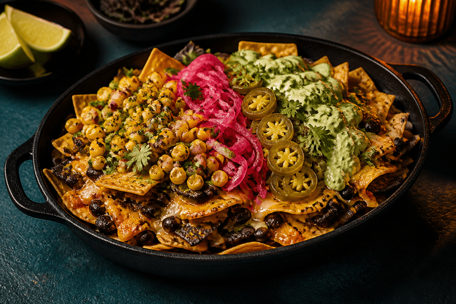 Mørk støbejernspande med blå og gule tortillachips, chipotle-sorte bønner, smeltet ost, forkullet majssalsa, rødløg, jalapeño og limecreme