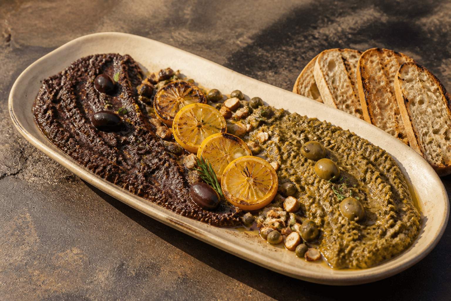 Langt sandfarvet fad med separate grove sorte og grønne oliventapenader, bagte citronskiver, mandler, kapers, rosmarin og grillede brød