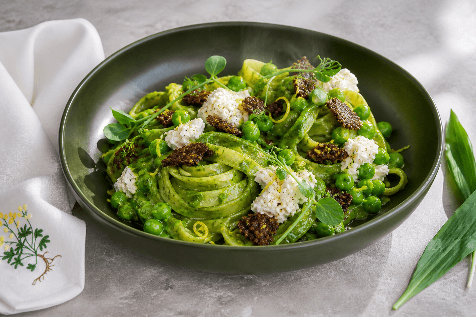 Mørkegrøn skål med reder af frisk tagliatelle i ramsløgscreme, grønne ærter, citronricotta, rugcrunch, ærteskud og citronskal