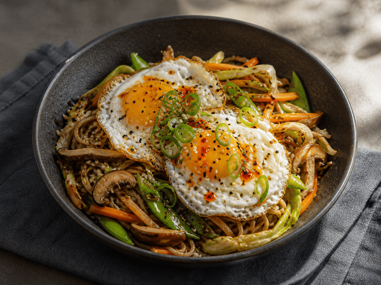 Mørk skål med miso-sesam-sobanudler, stegt spidskål, shiitake, gulerod, sukkerærter og to sprøde spejlæg