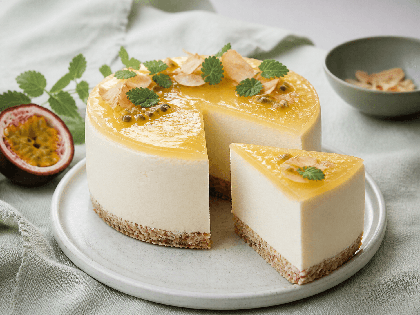 Høj hvid chokolade-cheesecake med kokos-havrebund, blank passionsfrugtcurd, kokosflager og udskåret lagdelt stykke
