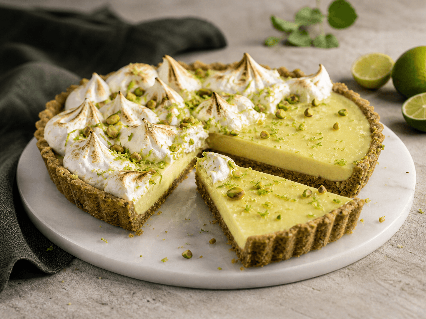 Key lime-tærte med grøn pistacie-havrebund, blank limecreme, løse toppe af brændt marengs og udskåret stykke