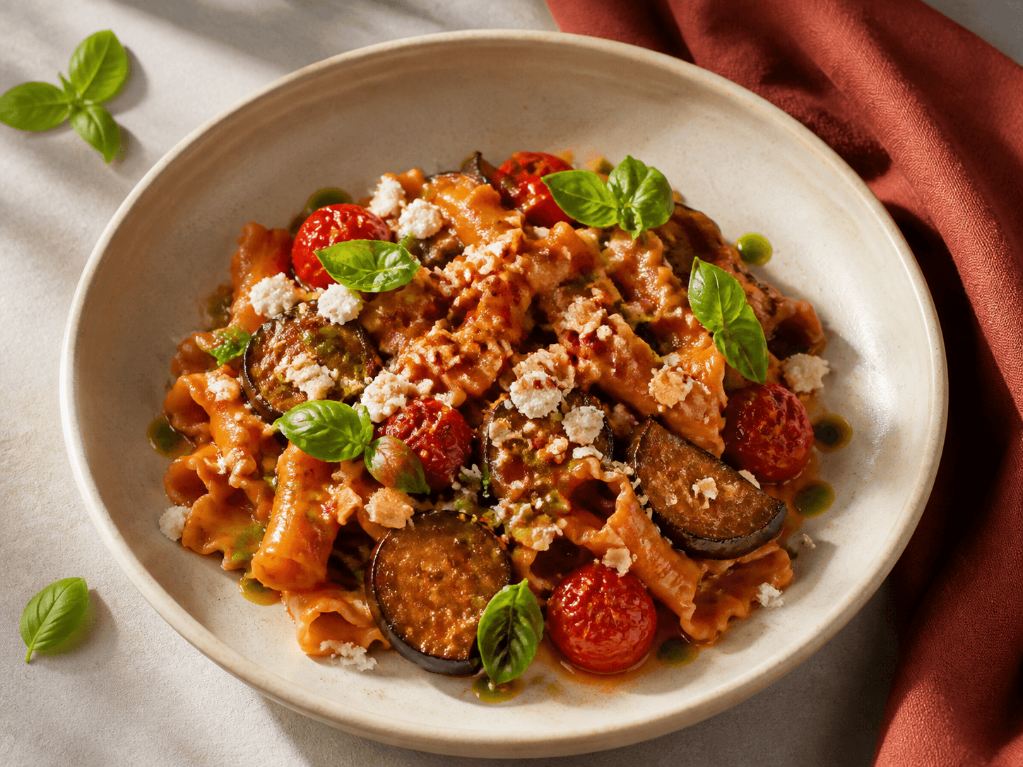 Sandfarvet skål med mafaldine i tomatsauce, karamelliseret aubergine, bagte tomater, ricotta salata, basilikumolie og mandelcrunch