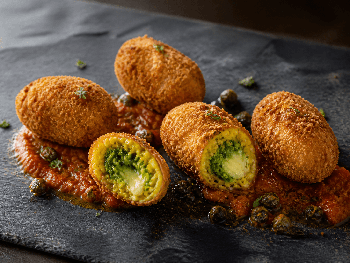 Fem ovale safran-arancini med sprød rug-panko, to åbne med grøn ærtekerne og smeltet røget mozzarella på tomat-fennikelsauce