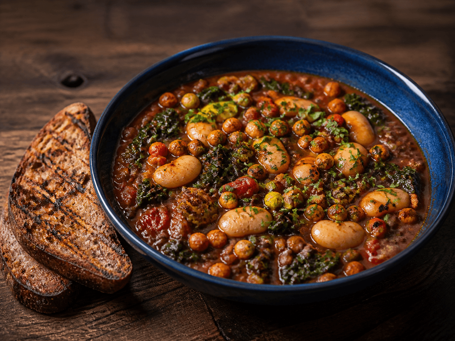 Dyb blå skål med tæt røget tomat-peberfrugtgryde, store butterbeans, belugalinser, grønkål, sprøde kikærter og gul paprikaolie