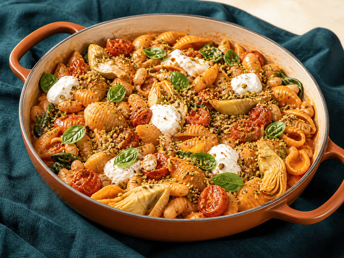 Terrakottafad med cremet skaldpasta i ristet peber-tomatsauce, cannellinibønner, artiskok, spinat, bagte tomater, citronmascarpone og pistaciekrumme