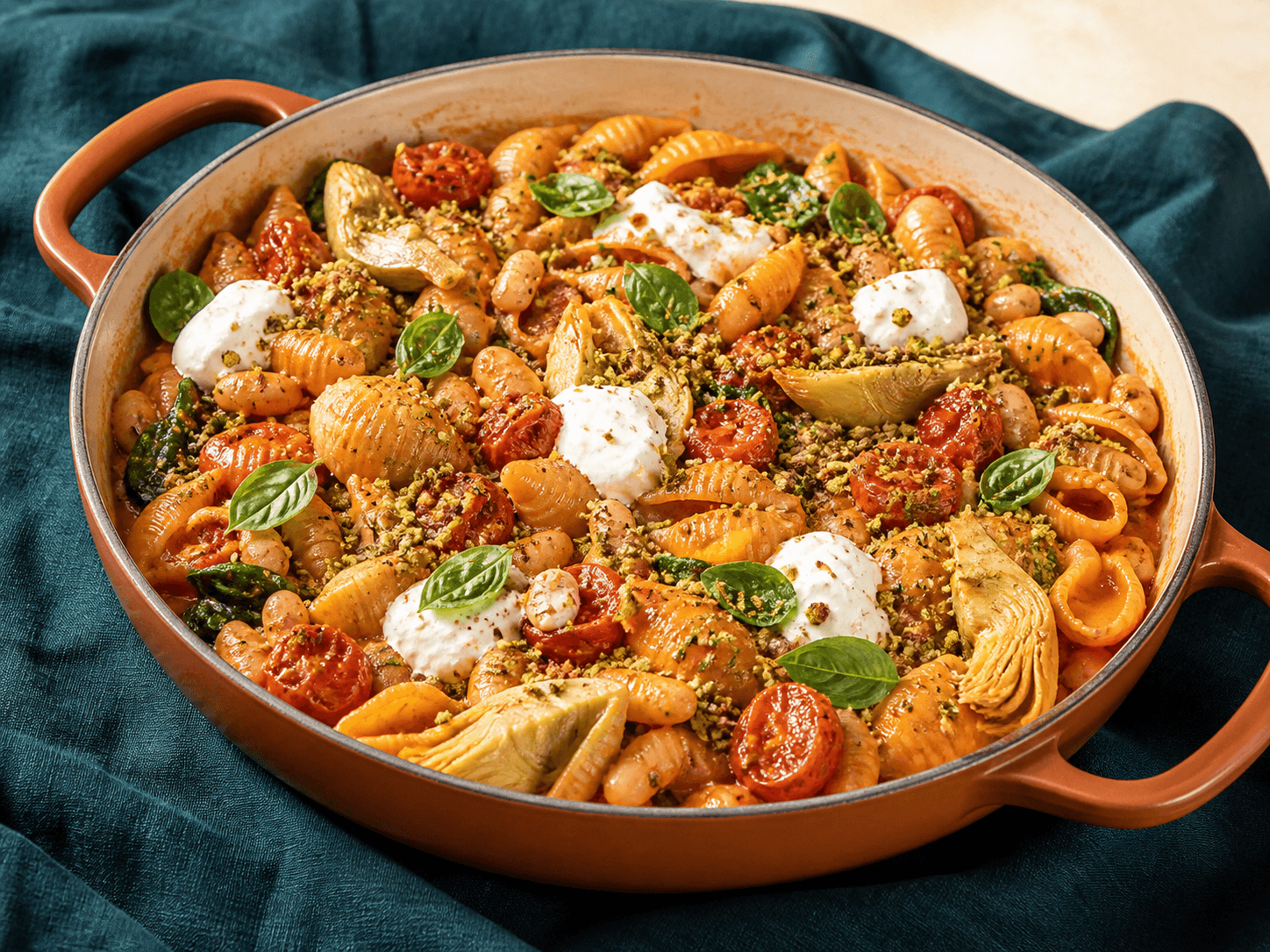 Terrakottafad med cremet skaldpasta i ristet peber-tomatsauce, cannellinibønner, artiskok, spinat, bagte tomater, citronmascarpone og pistaciekrumme
