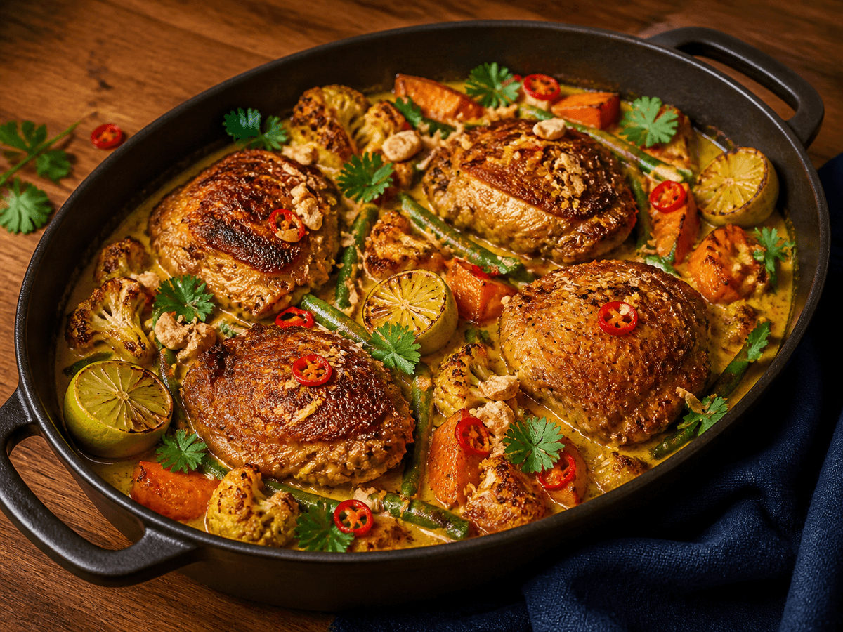 Mørkt støbejernsfad med fire hele sprødskindede kyllingelår i gul kokoskarry, sød kartoffel, blomkål, grønne bønner, grillet lime, chili og cashewknas