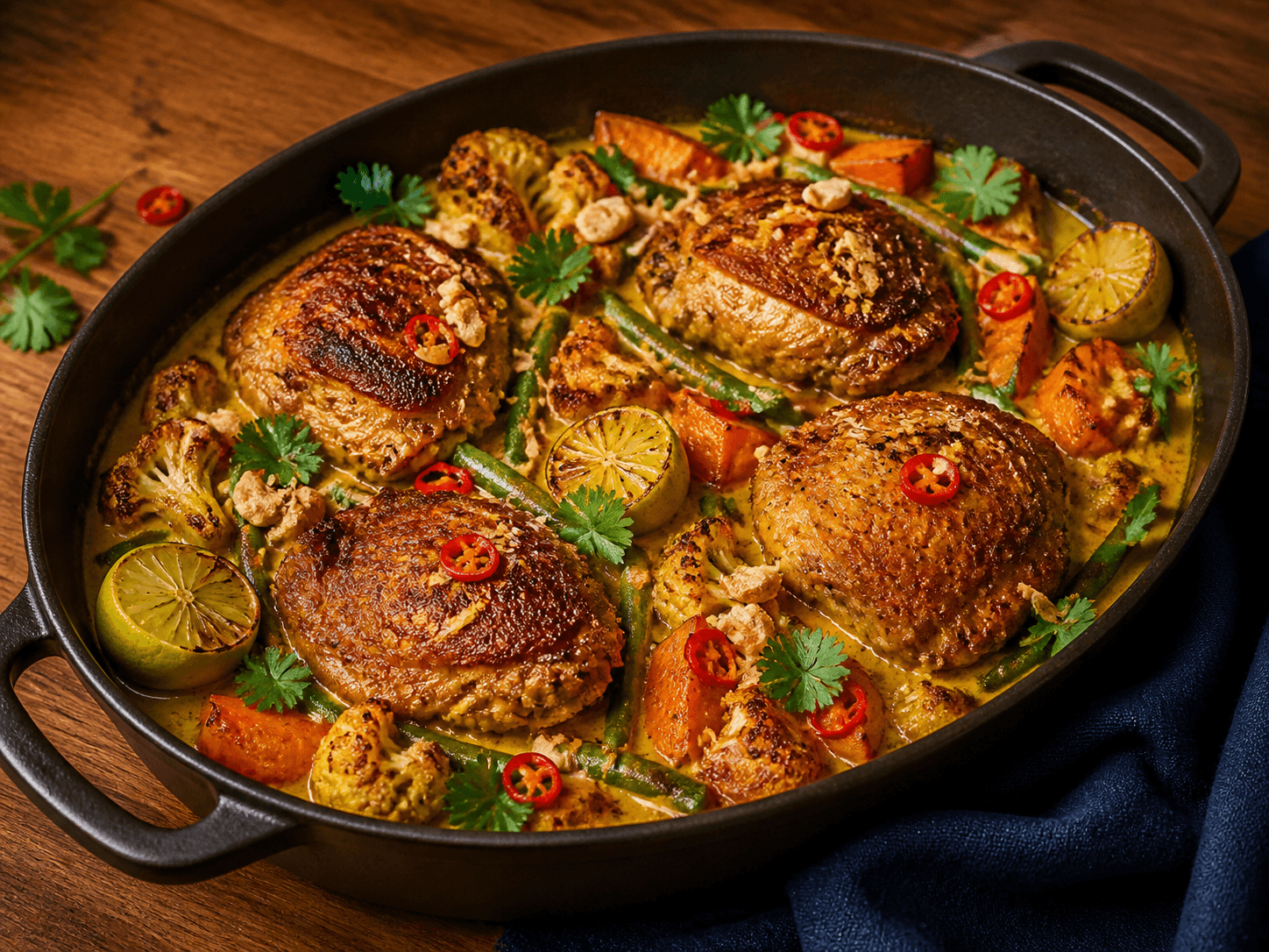 Mørkt støbejernsfad med fire hele sprødskindede kyllingelår i gul kokoskarry, sød kartoffel, blomkål, grønne bønner, grillet lime, chili og cashewknas