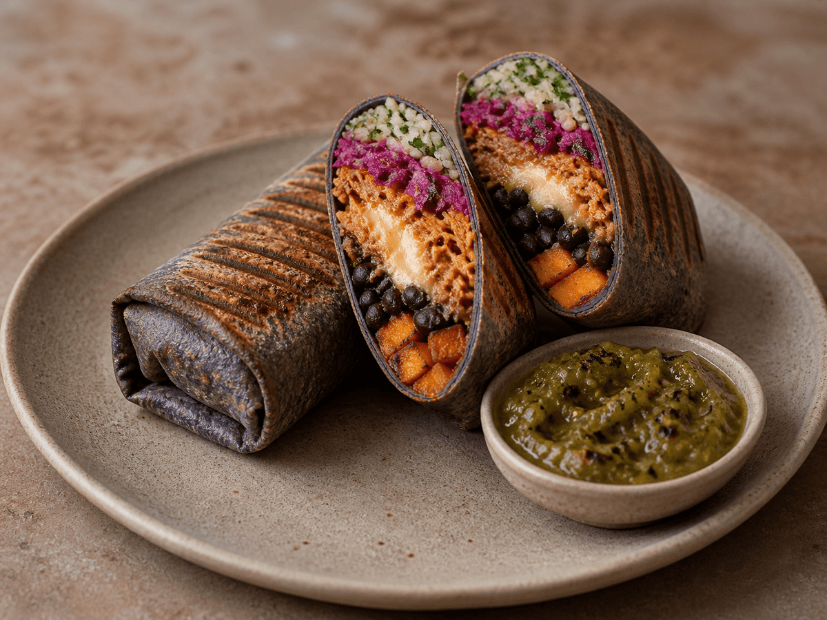 Tre mørke pressede kyllingeburritos, to åbne med korianderris, rødkål, achiotekylling, ost, sorte bønner og sød kartoffel samt tomatillosalsa