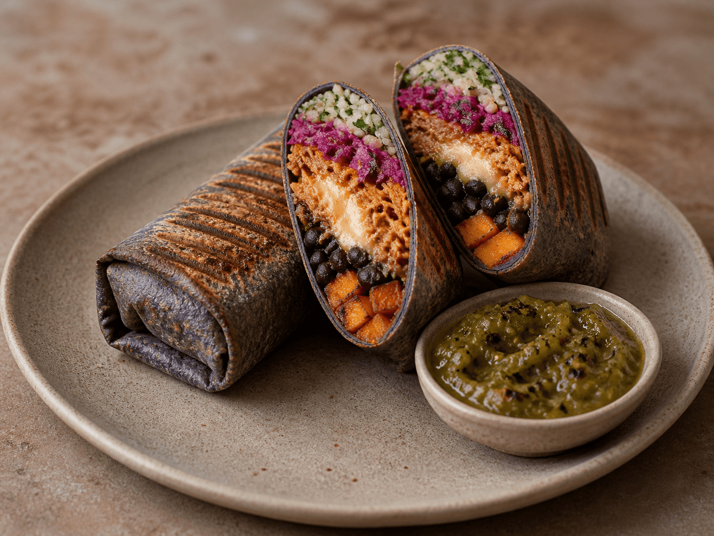 Tre mørke pressede kyllingeburritos, to åbne med korianderris, rødkål, achiotekylling, ost, sorte bønner og sød kartoffel samt tomatillosalsa