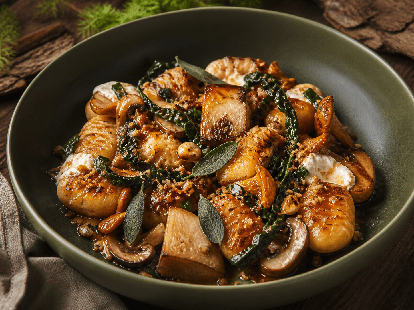 Skovgrøn skål med gyldent pandstegte gnocchi, kongeøstershat, kantareller, kastanjesvampe, cavolo nero, taleggio, hasselnøddekrumme og salvie