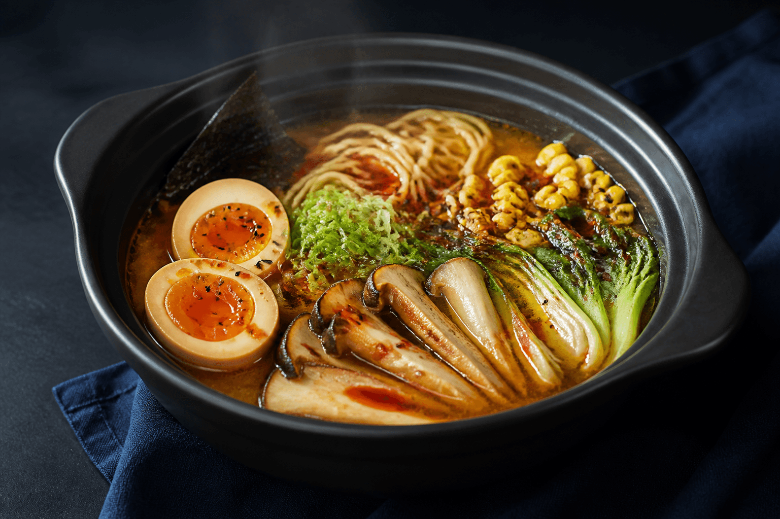 Sort donabe med dampende miso-sesamramen, nudler, sojaæg, stegte kongeøstershatte, forkullet majs, pak choi, forårsløg, nori og chiliolie