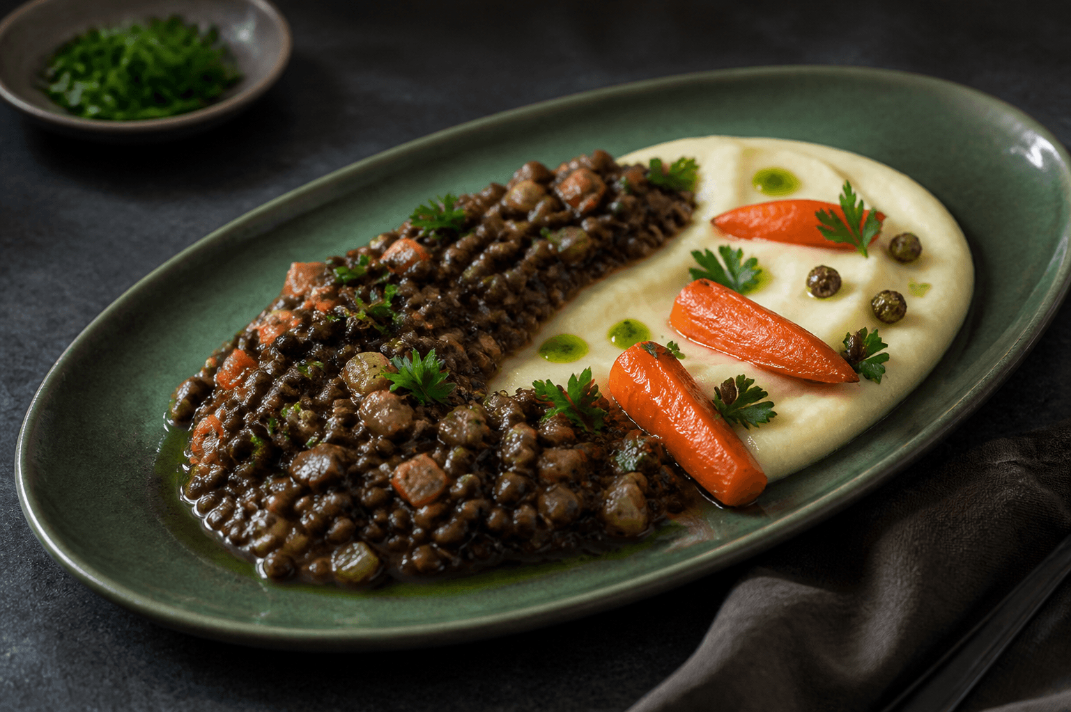 Lang skovgrøn tallerken med røget belugalinseragout, silkeblød pastinak-kartoffelcreme, glaserede gulerødder, sprøde kapers, persille og grøn olie
