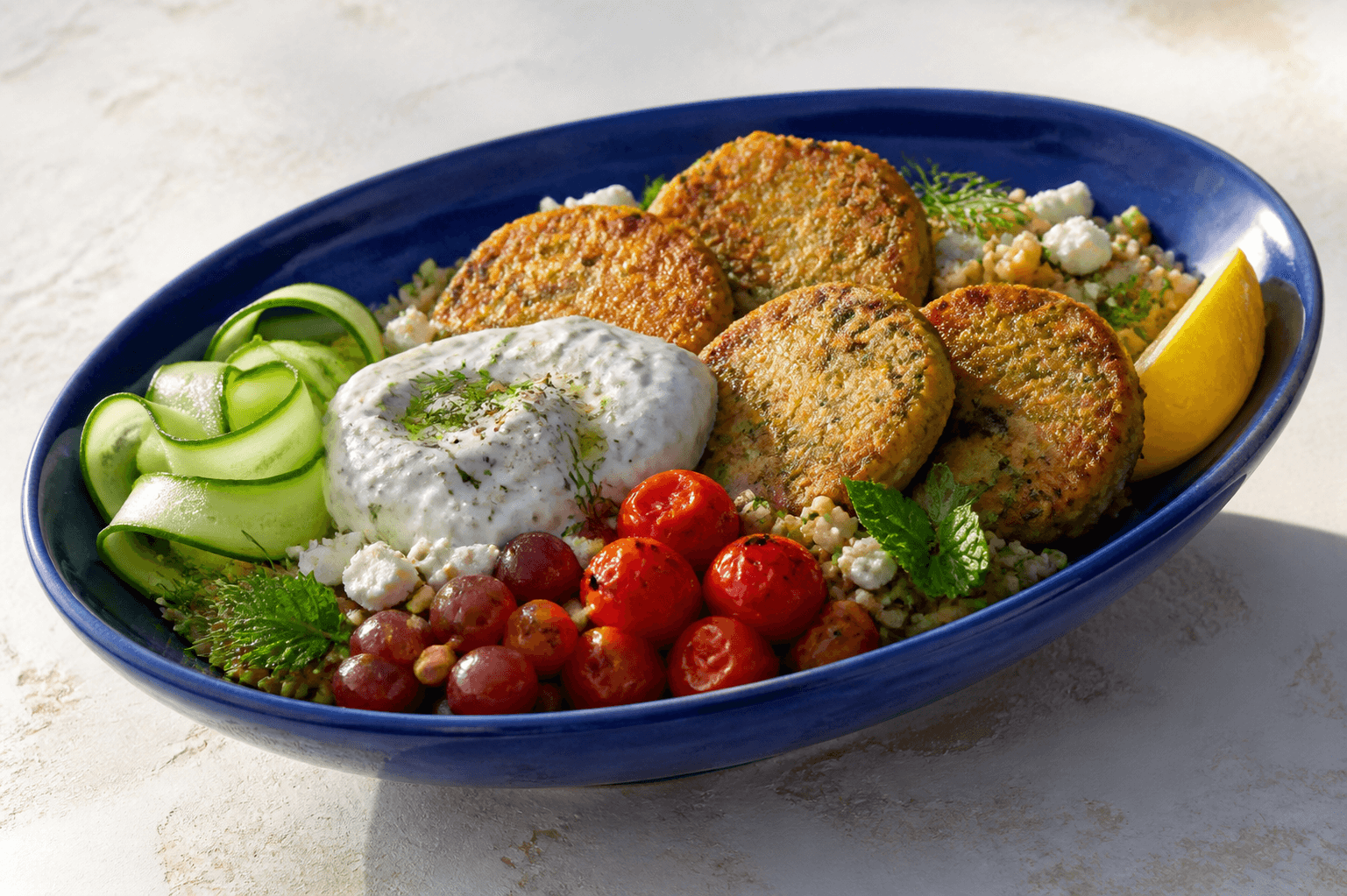 Lavt koboltblåt ovalt fad med freekeh, fire gyldne courgette-kikertedeller, aubergine-agurkeyoghurt, blistertomater, ristede druer, agurk, feta, pistacie, dild og mynte