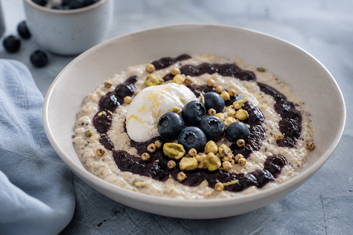 Lav cremefarvet skål med lyse overnight oats, spiral af mørk blåbær-kardemommekompot, skyr, friske blåbær, boghvedeknas, pistacie og citron