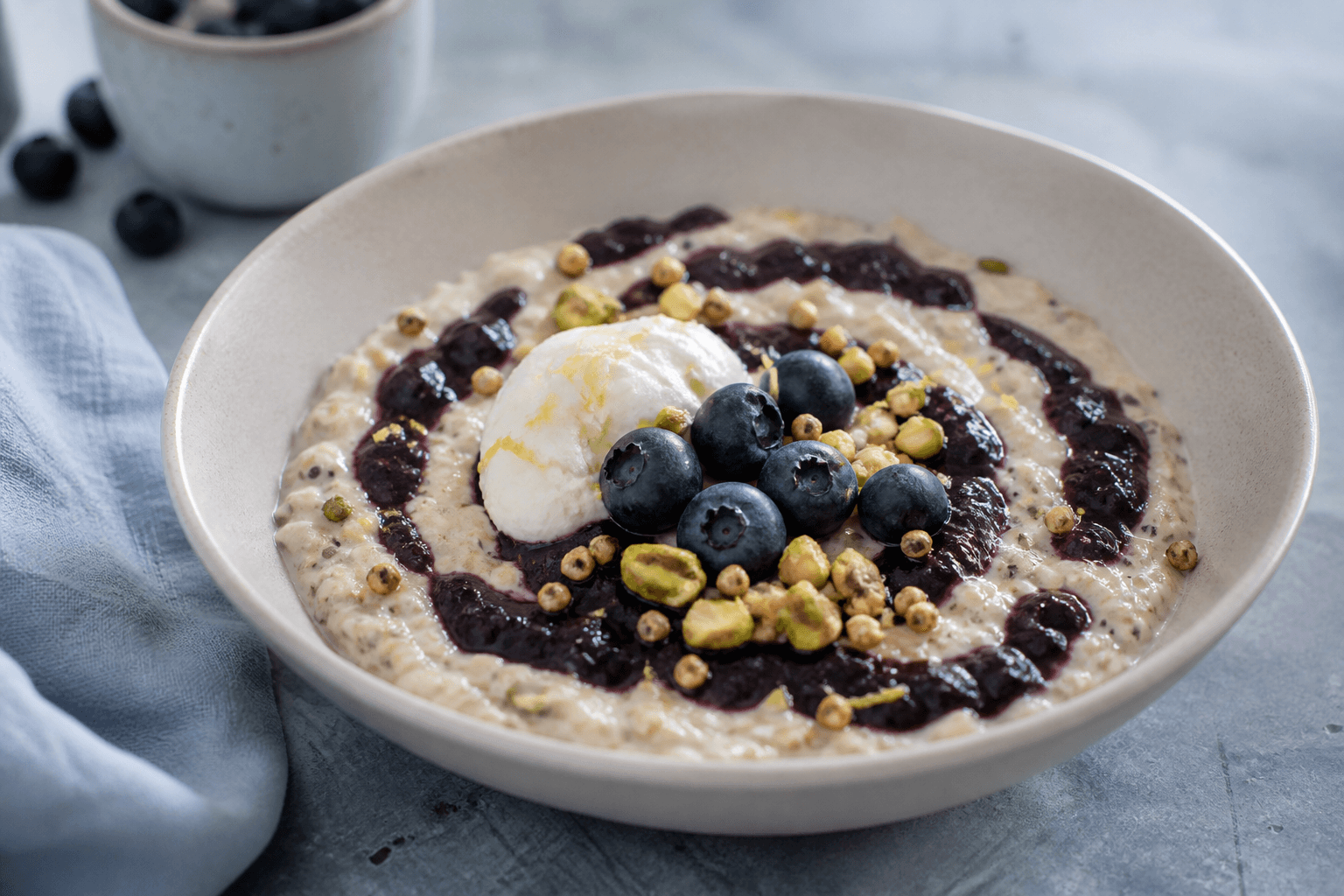 Lav cremefarvet skål med lyse overnight oats, spiral af mørk blåbær-kardemommekompot, skyr, friske blåbær, boghvedeknas, pistacie og citron