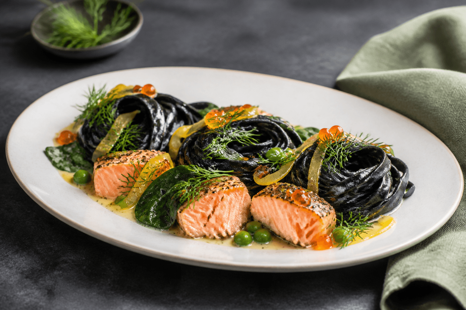 Lang elfenbensfarvet tallerken med tre reder sort tagliatelle, stegte lakseflager, spinat, ærter, syltet citron, let dildsmørsauce og lakserogn