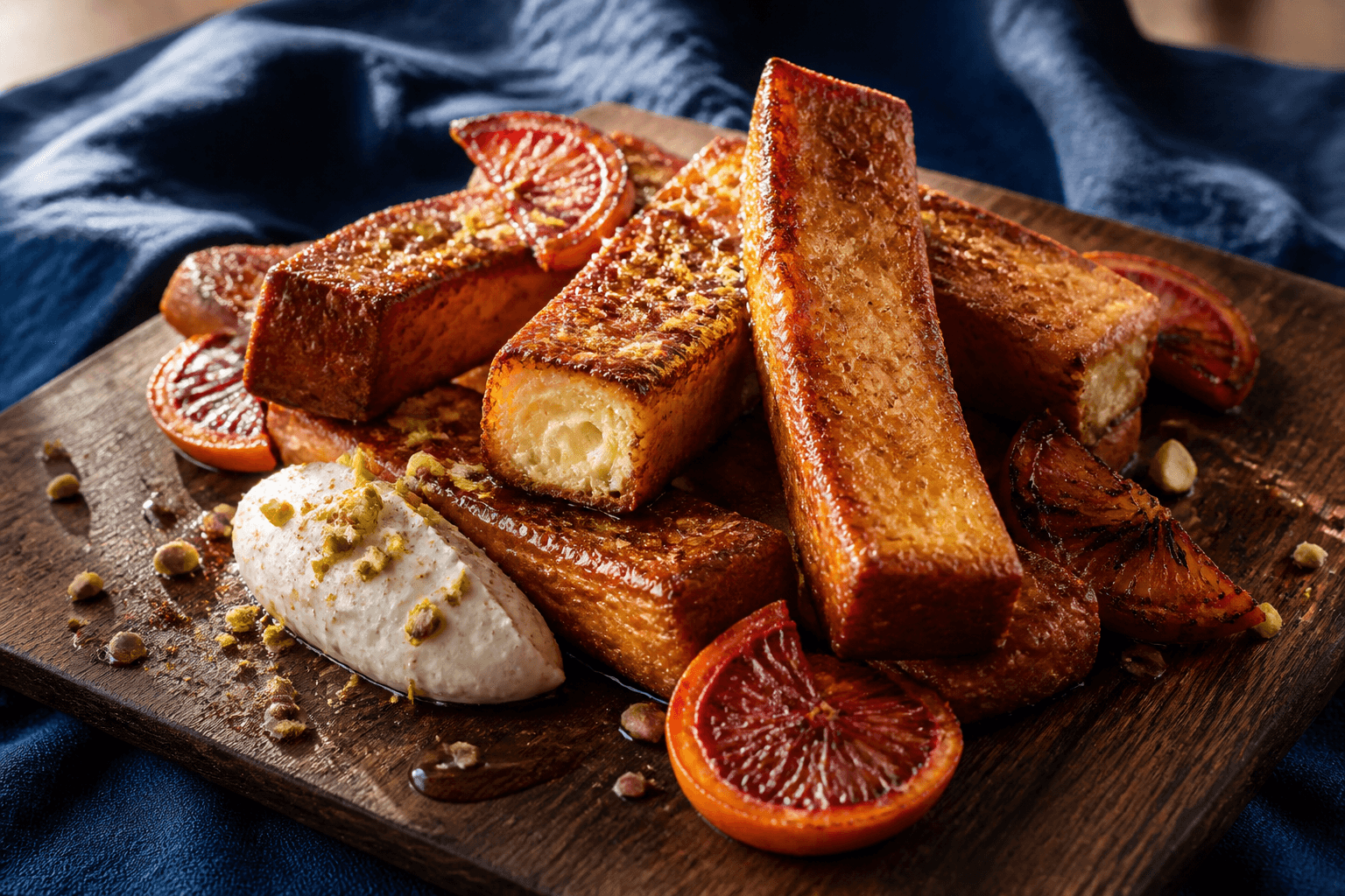 Seks tykke gyldne brioche-French-toast-stave på mørkt valnøddebræt med ristede blodappelsiner, kardemommemascarpone, pistacie og appelsinsirup