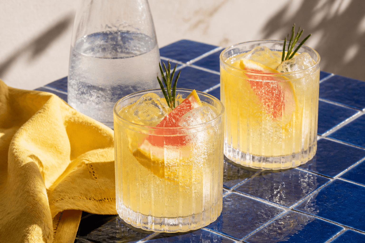 To lave riflede krystalglas med citrongul Limoncello Spritz, store klare isterninger, pink grapefrugt, rosmarin og bobler på koboltblå fliser