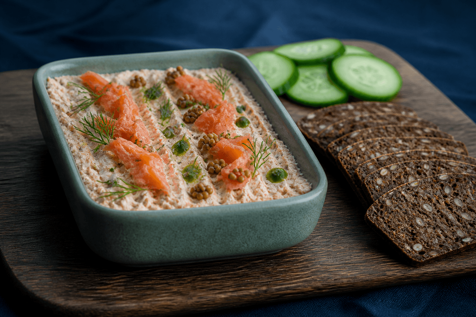 Lav rektangulær havgrøn terrine med fast varmrøget lakserillette, gaffelriller, store laksestykker, syltede sennepsfrø, dildolie og fennikel samt mørke rugkiks og agurk