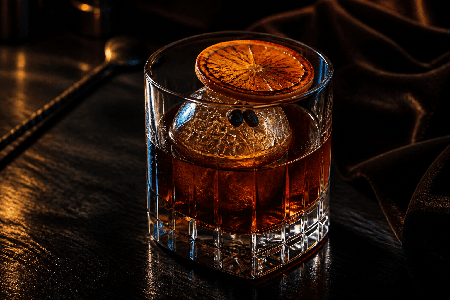 Tungt firkantet krystalglas med mørk mahogni kaffe-kakao Old Fashioned over én klar iskugle, flammet appelsinskive og to kakaonibs på sort bar