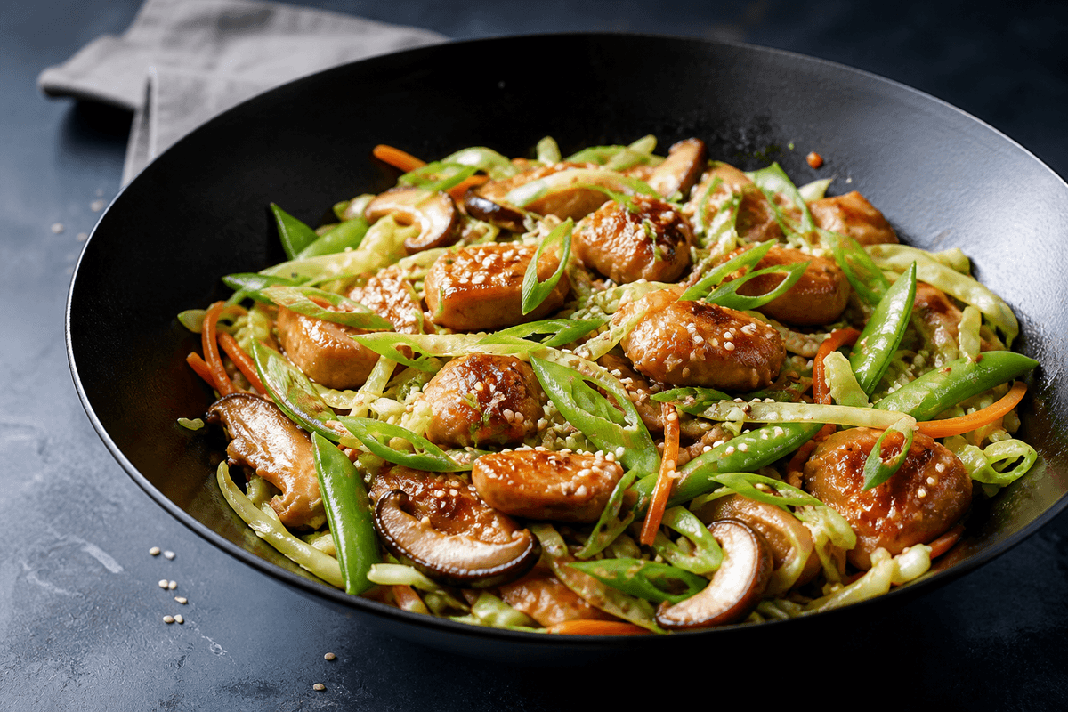 Sort wok med glaseret ingefærkylling, spidskål, shiitake, gulerod, sukkerærter, sesam og forårsløg