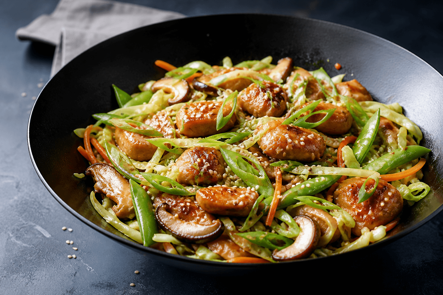 Sort wok med glaseret ingefærkylling, spidskål, shiitake, gulerod, sukkerærter, sesam og forårsløg