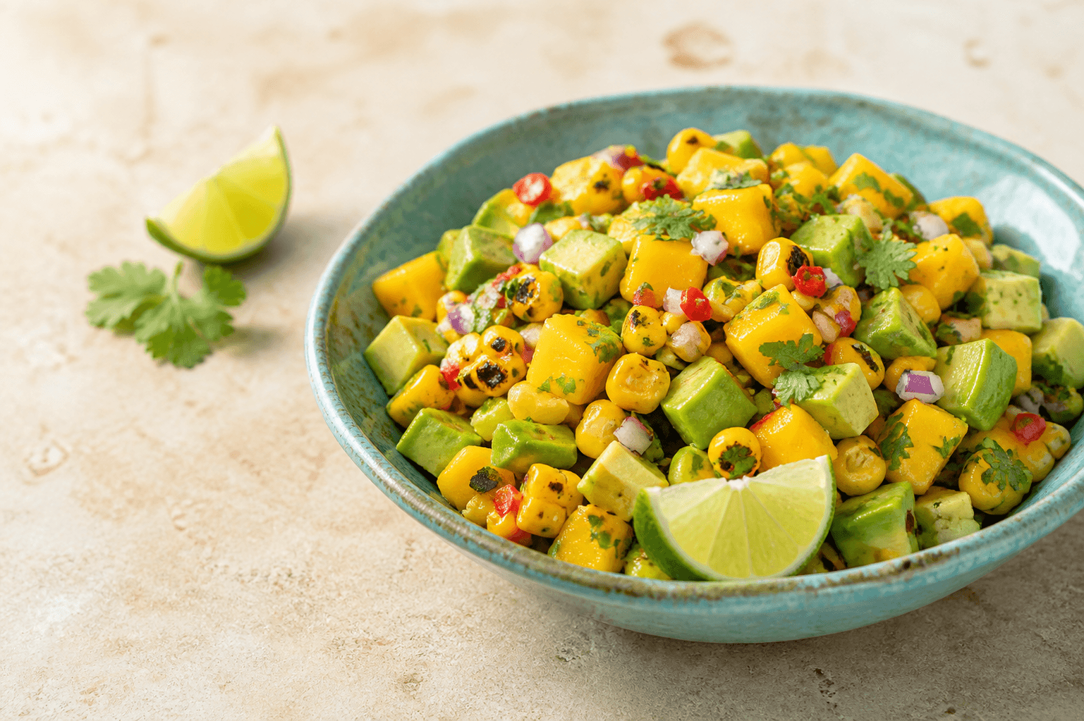 Turkis skål med saftig mango, avocado, grillet majs, rødløg, rød chili, koriander og lime