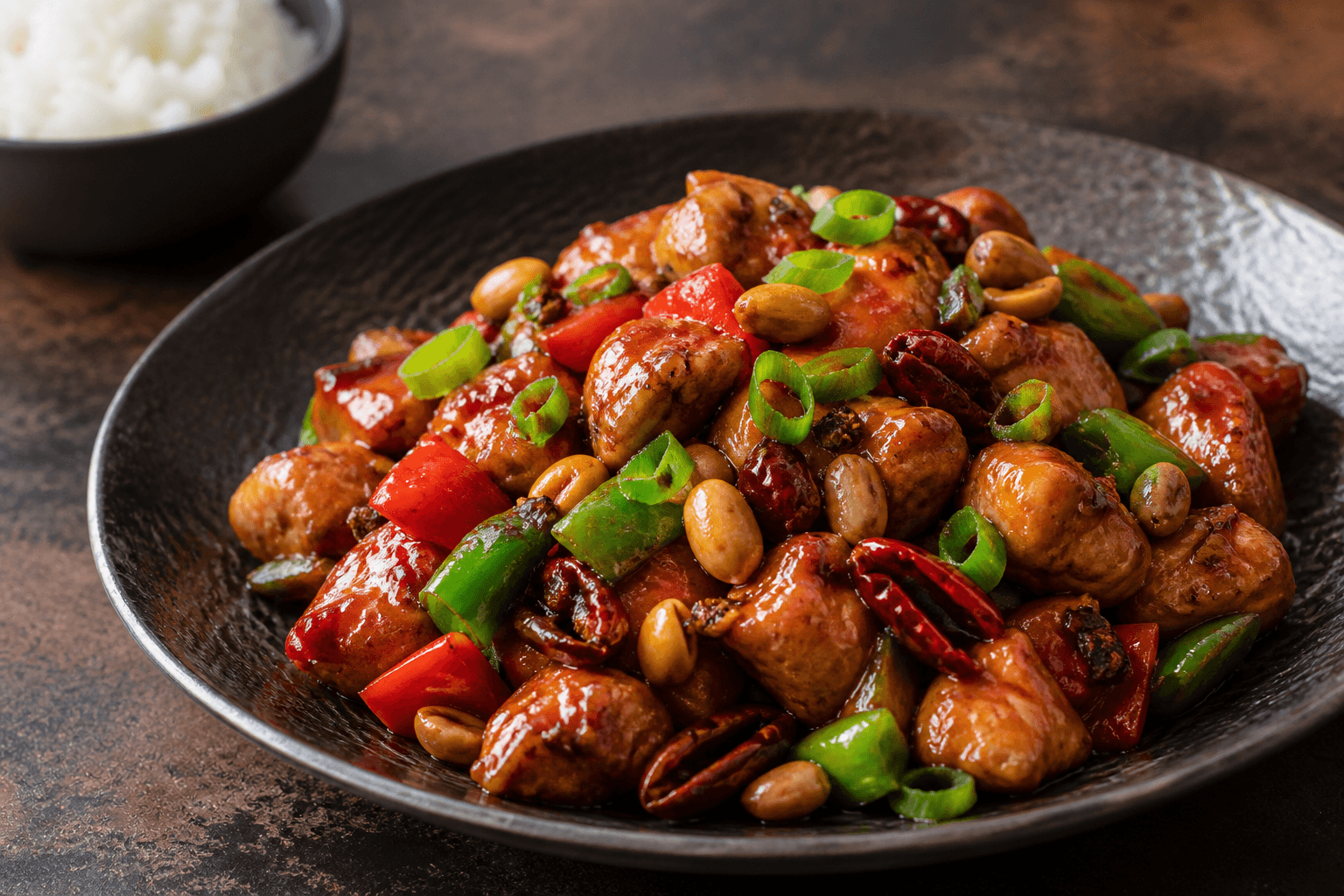 Hamret mørk tallerken med blank Kung Pao-kylling, rød og grøn peber, tørret chili, jordnødder og forårsløg