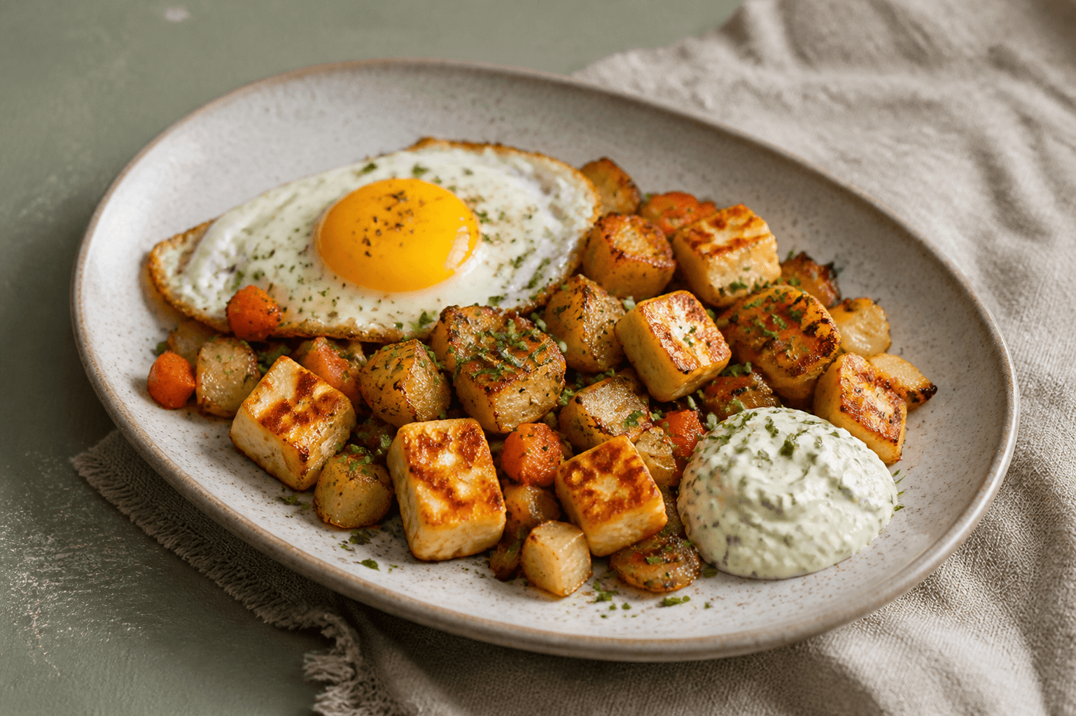 Oval tallerken med sprød ovnbiksemad af kartoffel og rødder, brunet halloumi, gennemstegt spejlæg og kold estragoncreme