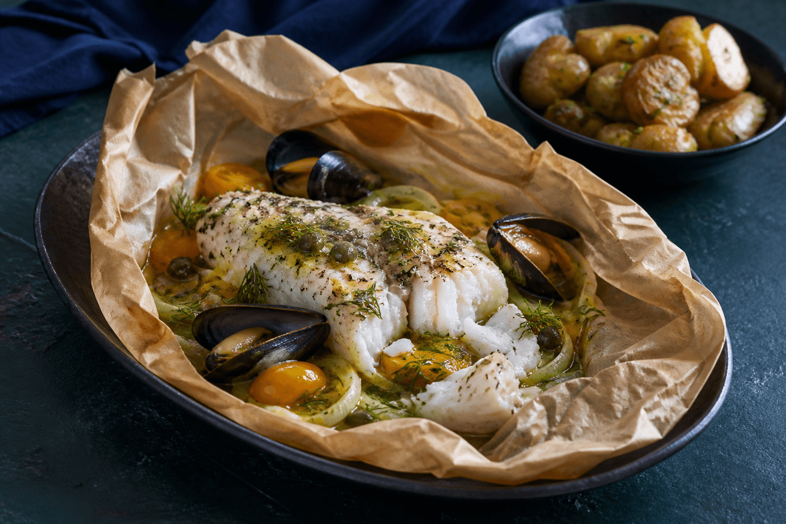 Åben brun papirspakke med hvidbagt torsk, åbne blåmuslinger, fennikel, gule tomater, kapers og citron-dildsmør
